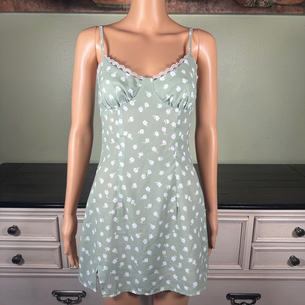 The Copper Closet Mini Dress Sage Green Floral Lace Trim Cottage Coquette